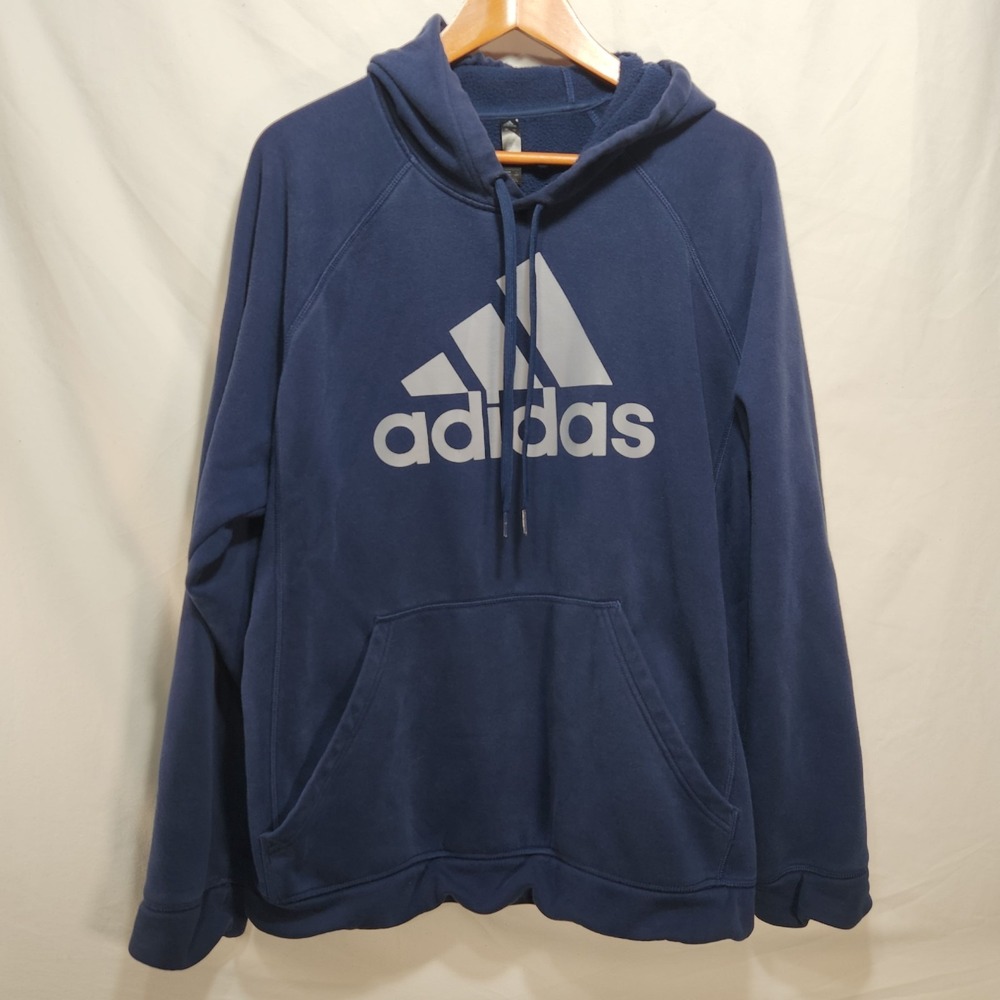 Adidas Mens Hoodie Size XL Adult Blue Drawstring Fleece‎ Gray Print